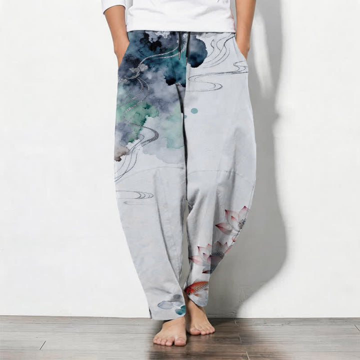 Buddha Stones Pantaloni da uomo affusolati con coulisse e tasche, in puro cotone con stampa Lotus Koi effetto inchiostro. - AliceBlue - US/UK/AU50, EU60 (5XL) - image 11