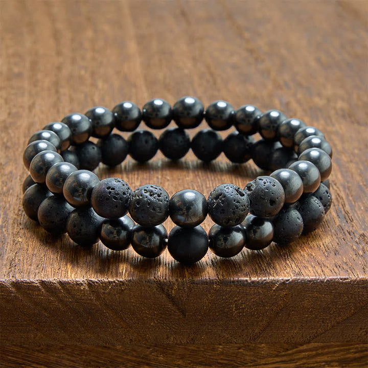 Buddha Stones Bracciale minimalista con perline in ematite e pietra lavica, ideale per radicamento. - Set di ematite (circonferenza del polso: 5,9–6,3 pollici/15–16 cm) - image 0
