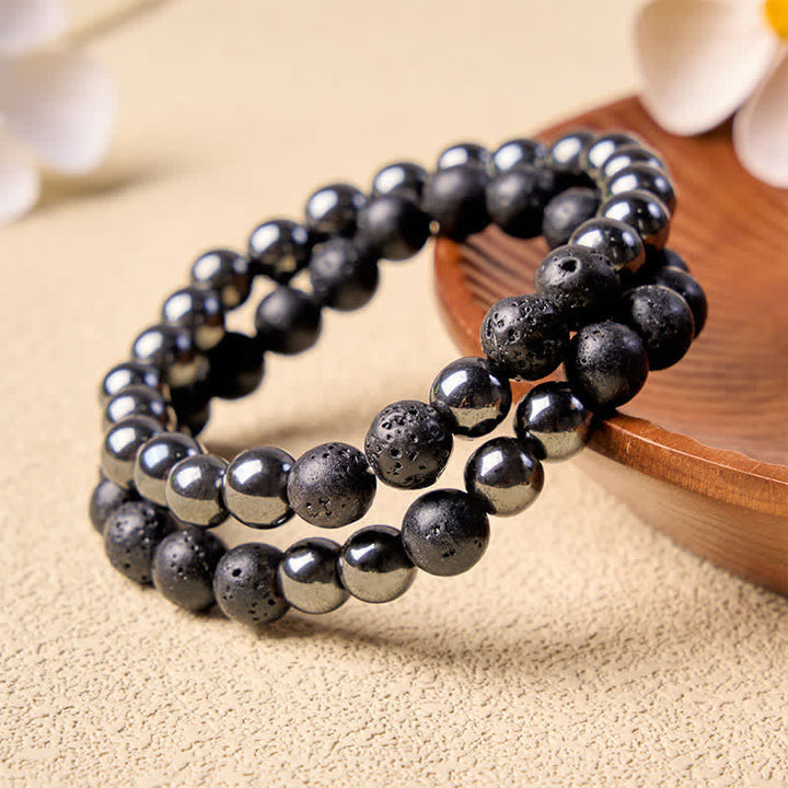 Buddha Stones Bracciale minimalista con perline in ematite e pietra lavica, ideale per radicamento. - image 2