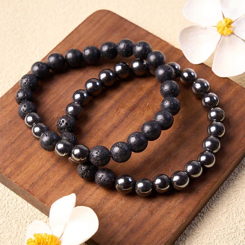 Buddha Stones Bracciale minimalista con perline in ematite e pietra lavica, ideale per radicamento. - image 1