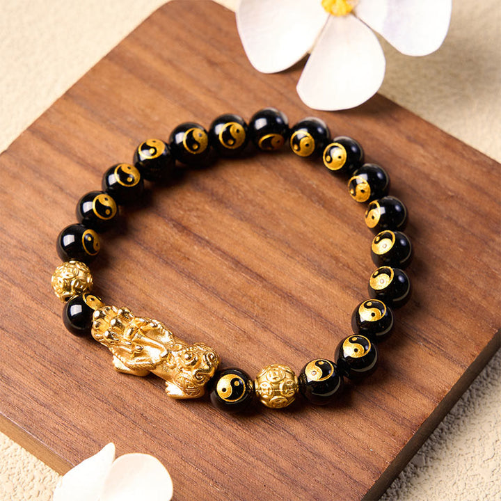 Buddha Stones Bracciale portafortuna con perline Pi Xiu in rame e onice nera. - image 2