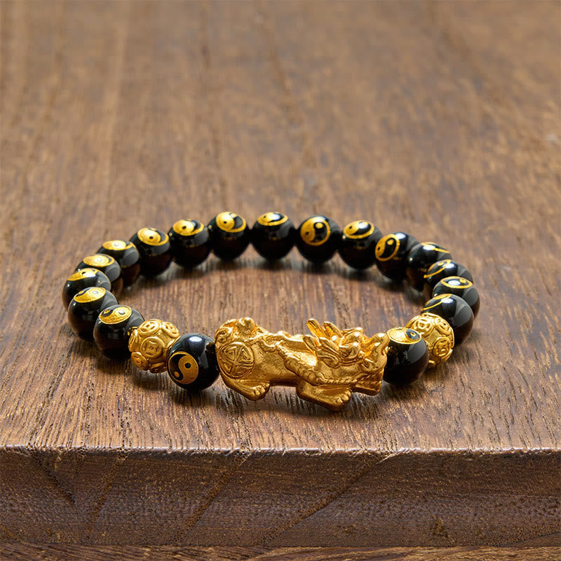 Buddha Stones Bracciale portafortuna con perline Pi Xiu in rame e onice nera. - image 3