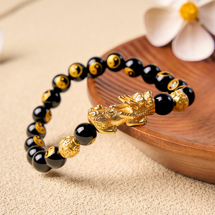 Buddha Stones Bracciale portafortuna con perline Pi Xiu in rame e onice nera. - image 1