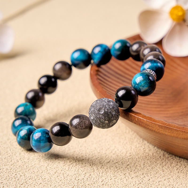 Buddha Stones Bracciale di coppia con occhi di tigre blu e ossidiana con riflessi argentati, portafortuna - 10 mm - image 0