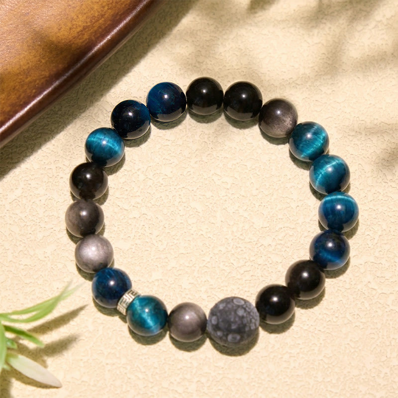 Buddha Stones Bracciale di coppia con occhi di tigre blu e ossidiana con riflessi argentati, portafortuna - image 2