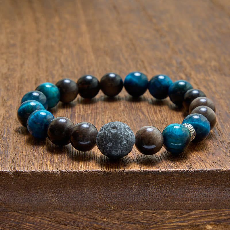 Buddha Stones Bracciale di coppia con occhi di tigre blu e ossidiana con riflessi argentati, portafortuna - image 3