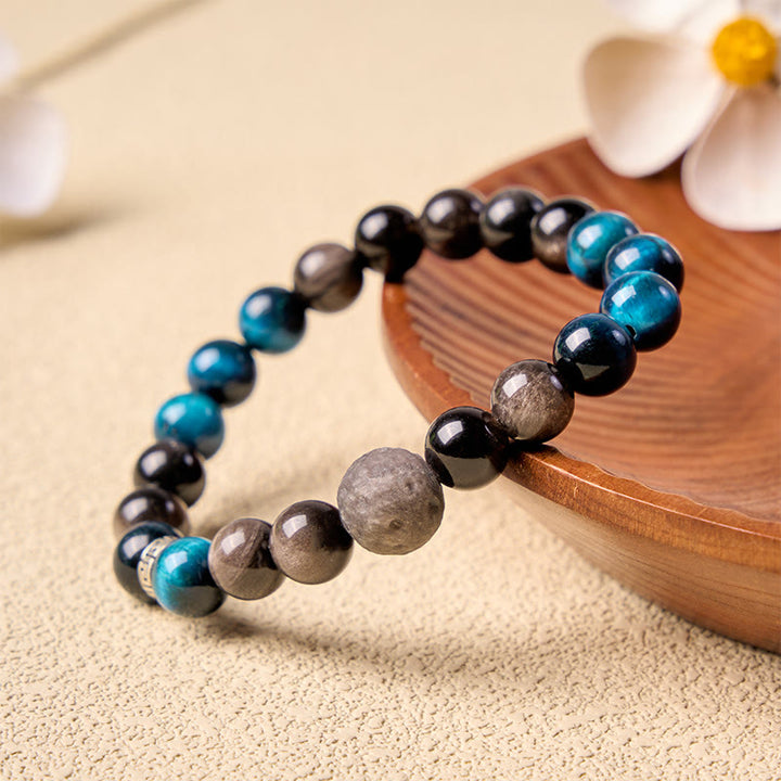 Buddha Stones Bracciale di coppia con occhi di tigre blu e ossidiana con riflessi argentati, portafortuna - 8 mm - image 8