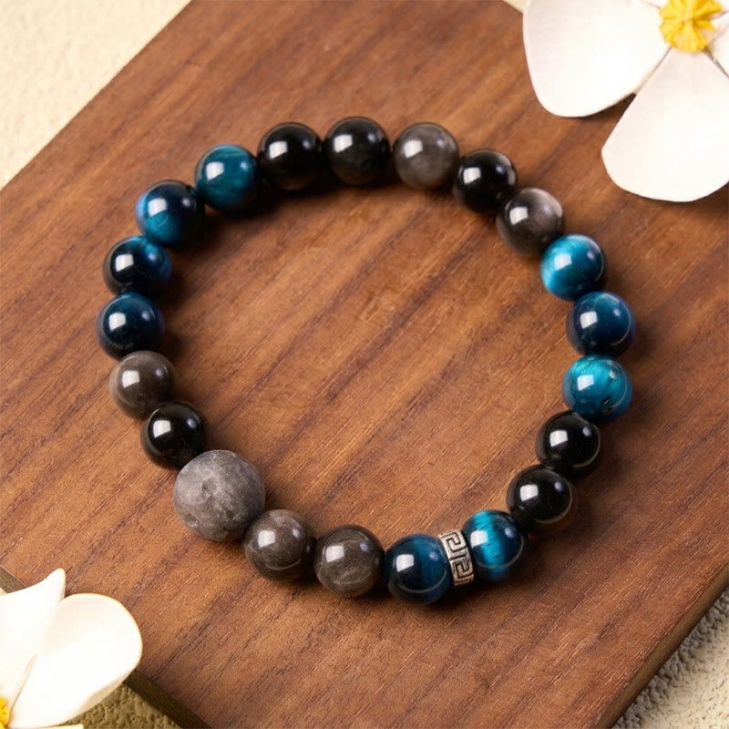 Buddha Stones Bracciale di coppia con occhi di tigre blu e ossidiana con riflessi argentati, portafortuna - image 9