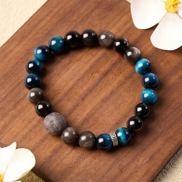 Buddha Stones Bracciale di coppia con occhi di tigre blu e ossidiana con riflessi argentati, portafortuna - image 9