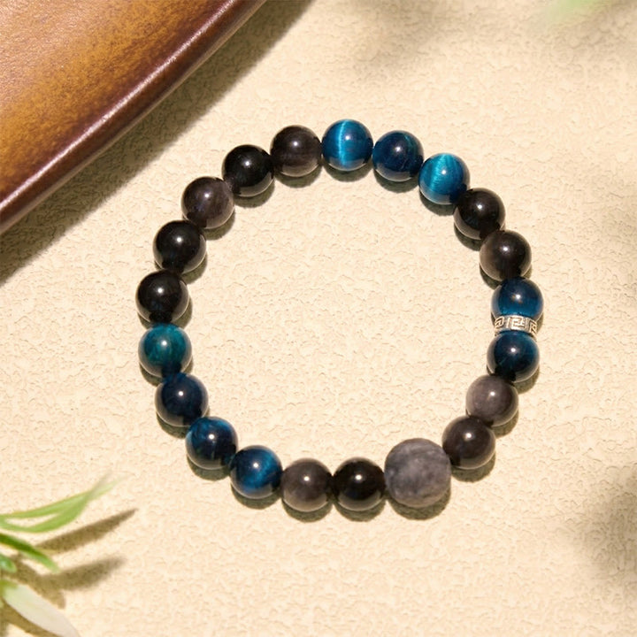 Buddha Stones Bracciale di coppia con occhi di tigre blu e ossidiana con riflessi argentati, portafortuna - image 10