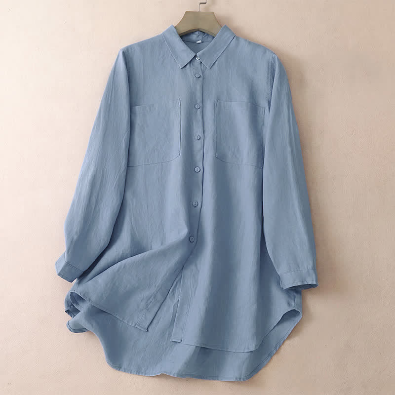 Buddha Stones Camicia da donna a maniche lunghe, tinta unita, casual, minimalista, con bottoni e tasche applicate, ideale per primavera e autunno. - Blu acciaio chiaro - US8-10, UK/AU12-14, EU40-42 (2XL) - image 8