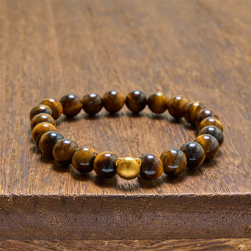 Buddha Stones Bracciale rinforzato in rame con testa di gatto e occhio di tigre - Occhio di tigre (Protezione ♥ Coraggio) - image 0