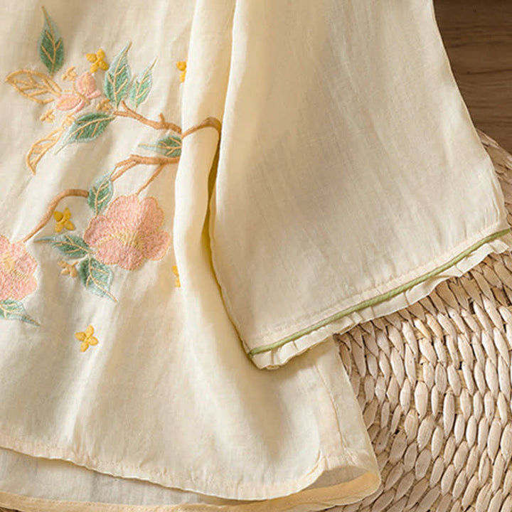 Buddha Stones Camicie da donna a maniche a tre quarti in stile vintage Tang con ricami floreali e foglie, perfette per l'estate. - image 3