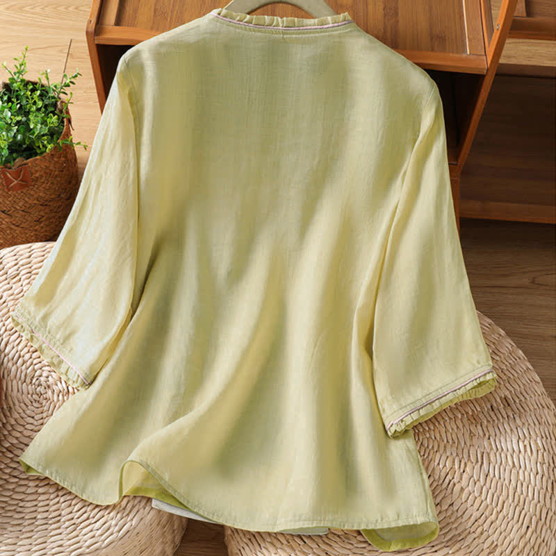 Buddha Stones Camicie da donna a maniche a tre quarti in stile vintage Tang con ricami floreali e foglie, perfette per l'estate. - image 13