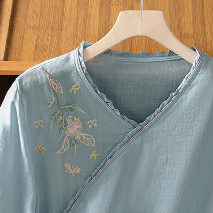 Buddha Stones Camicie da donna a maniche a tre quarti in stile vintage Tang con ricami floreali e foglie, perfette per l'estate. - image 20
