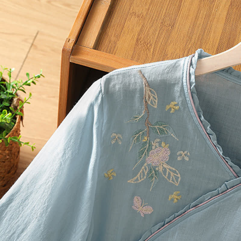 Buddha Stones Camicie da donna a maniche a tre quarti in stile vintage Tang con ricami floreali e foglie, perfette per l'estate. - image 22