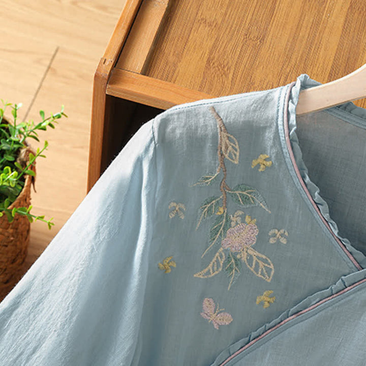 Buddha Stones Camicie da donna a maniche a tre quarti in stile vintage Tang con ricami floreali e foglie, perfette per l'estate. - image 22