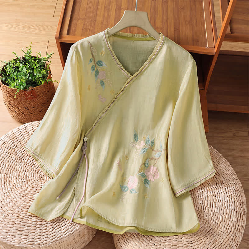 Buddha Stones Camicie da donna a maniche a tre quarti in stile vintage Tang con ricami floreali e foglie, perfette per l'estate. - Verga d'oro pallida - US8-10, UK/AU12-14, EU40-42 (2XL) - image 12
