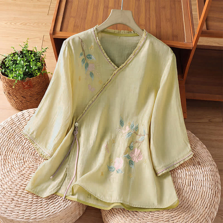 Buddha Stones Camicie da donna a maniche a tre quarti in stile vintage Tang con ricami floreali e foglie, perfette per l'estate. - Verga d'oro pallida - US8-10, UK/AU12-14, EU40-42 (2XL) - image 12
