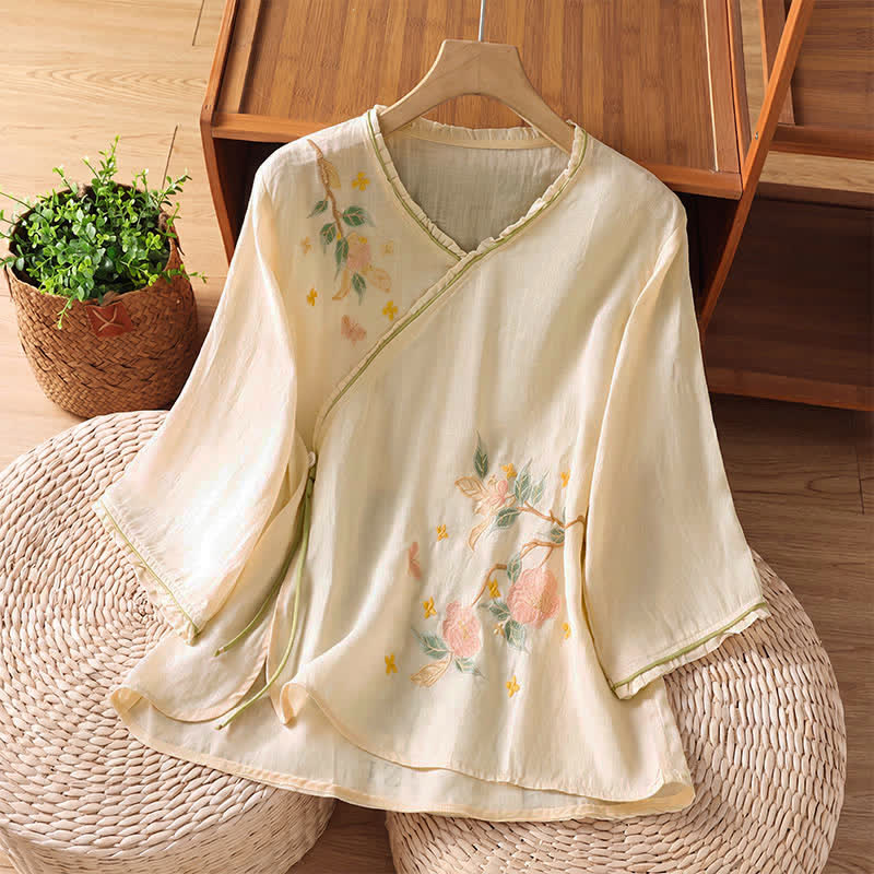Buddha Stones Camicie da donna a maniche a tre quarti in stile vintage Tang con ricami floreali e foglie, perfette per l'estate. - Beige - US8-10, UK/AU12-14, EU40-42 (2XL) - image 0
