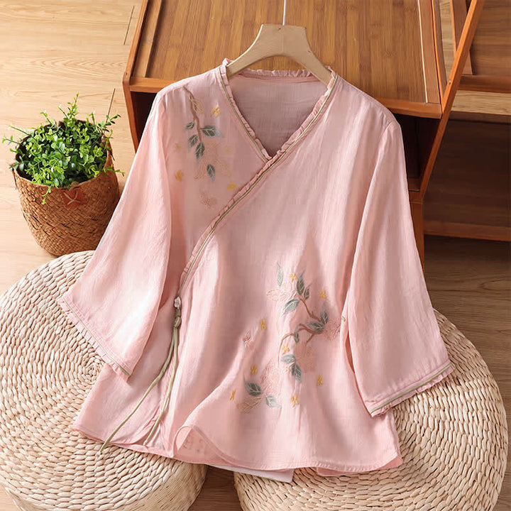 Buddha Stones Camicie da donna a maniche a tre quarti in stile vintage Tang con ricami floreali e foglie, perfette per l'estate. - Rosa chiaro - US8-10, UK/AU12-14, EU40-42 (2XL) - image 4