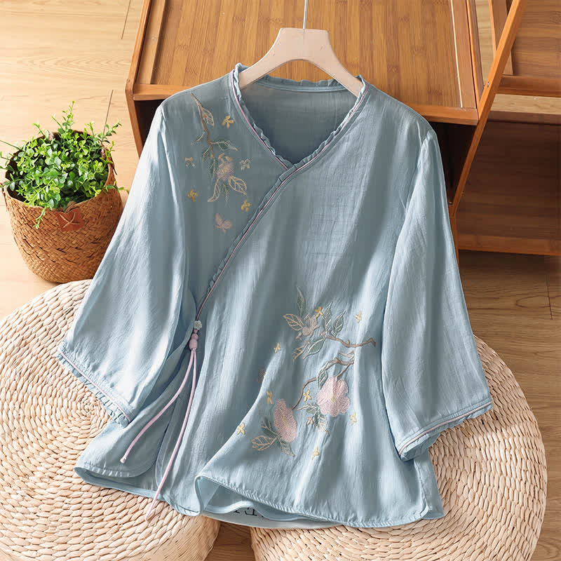 Buddha Stones Camicie da donna a maniche a tre quarti in stile vintage Tang con ricami floreali e foglie, perfette per l'estate. - Azzurro chiaro - US8-10, UK/AU12-14, EU40-42 (2XL) - image 18