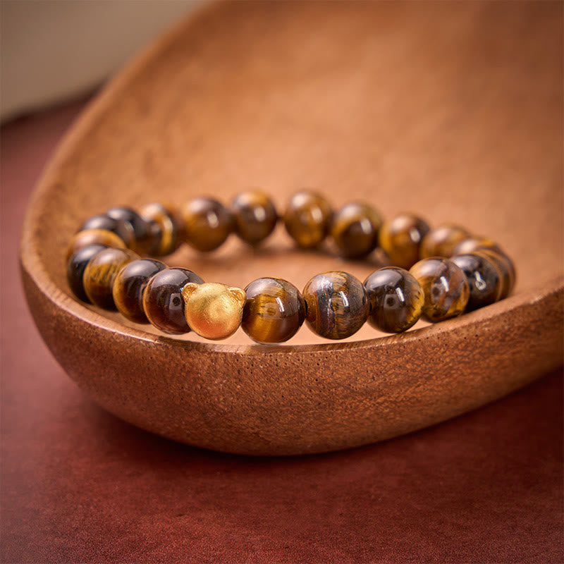 Buddha Stones Bracciale rinforzato in rame con testa di gatto e occhio di tigre - image 1
