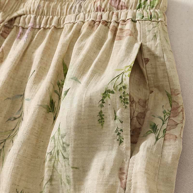 Buddha Stones Pantaloni corti da donna stile boho casual primavera estate con coulisse e stampa floreale a foglie, modello harem con tasche. - image 8