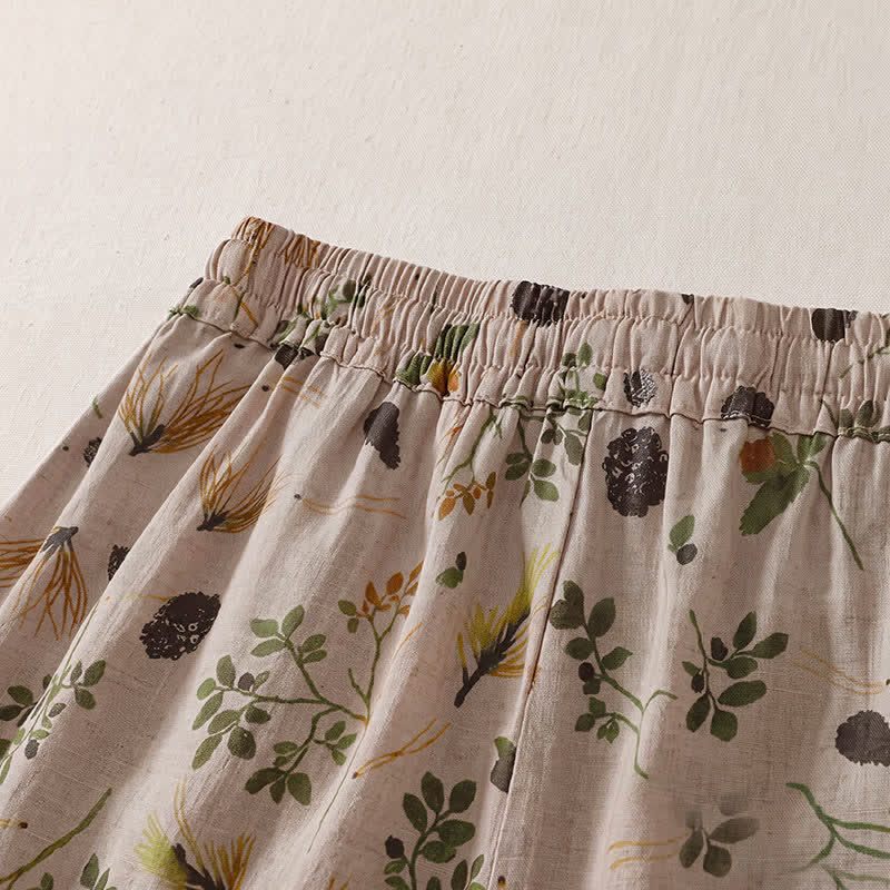 Buddha Stones Pantaloni corti da donna stile boho casual primavera estate con coulisse e stampa floreale a foglie, modello harem con tasche. - image 2