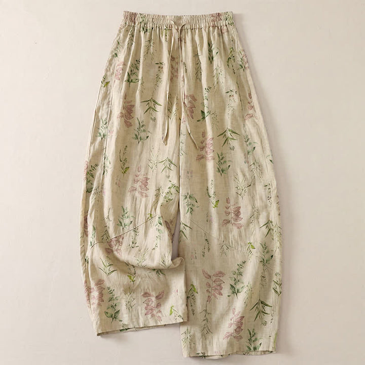 Buddha Stones Pantaloni corti da donna stile boho casual primavera estate con coulisse e stampa floreale a foglie, modello harem con tasche. - Beige - US8-10, UK/AU12-14, EU40-42 (2XL) - image 6