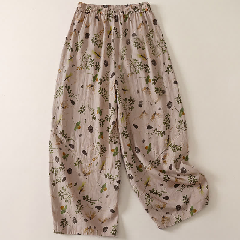 Buddha Stones Pantaloni corti da donna stile boho casual primavera estate con coulisse e stampa floreale a foglie, modello harem con tasche. - Tan - US8-10, UK/AU12-14, EU40-42 (2XL) - image 0