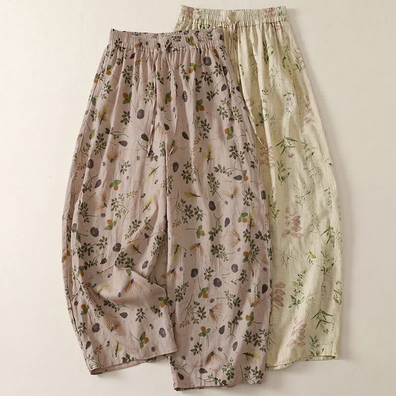 Buddha Stones Pantaloni corti da donna stile boho casual primavera estate con coulisse e stampa floreale a foglie, modello harem con tasche. - image 11