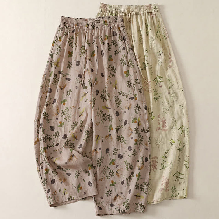 Buddha Stones Pantaloni corti da donna stile boho casual primavera estate con coulisse e stampa floreale a foglie, modello harem con tasche. - image 11