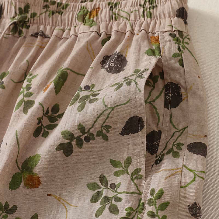 Buddha Stones Pantaloni corti da donna stile boho casual primavera estate con coulisse e stampa floreale a foglie, modello harem con tasche. - image 4