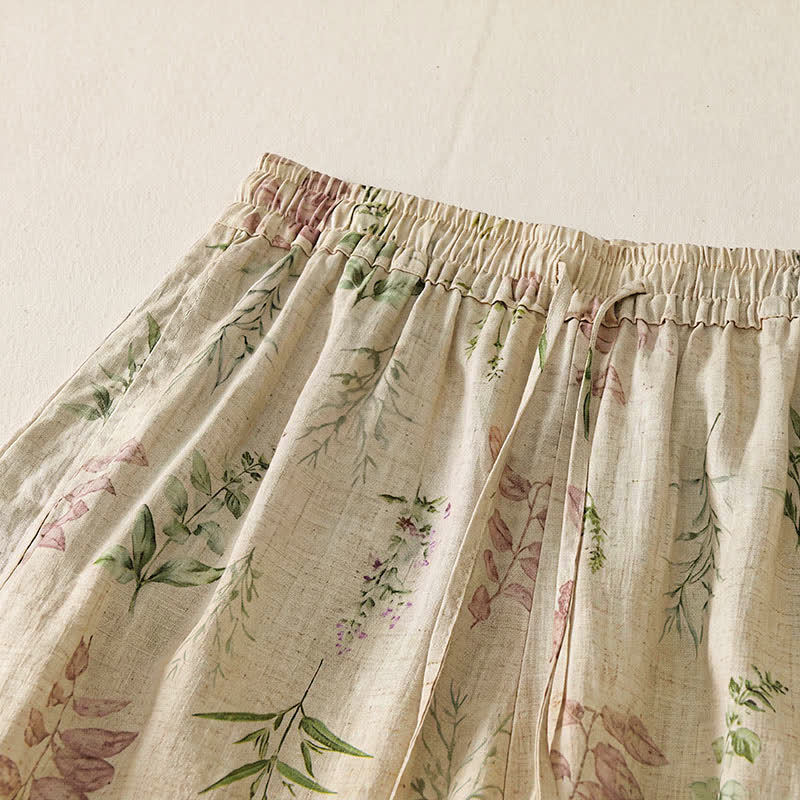 Buddha Stones Pantaloni corti da donna stile boho casual primavera estate con coulisse e stampa floreale a foglie, modello harem con tasche. - image 7