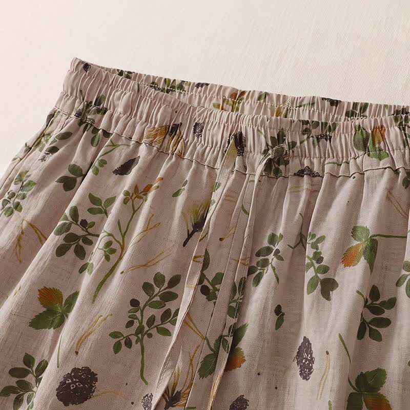 Buddha Stones Pantaloni corti da donna stile boho casual primavera estate con coulisse e stampa floreale a foglie, modello harem con tasche. - image 1