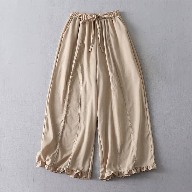 Buddha Stones Pantaloni da donna a gamba larga, minimalisti, con coulisse, a tinta unita, corti, con risvolto a pieghe, ideali per primavera/estate. - Tan - US8-10, UK/AU12-14, EU40-42 (2XL) - image 0