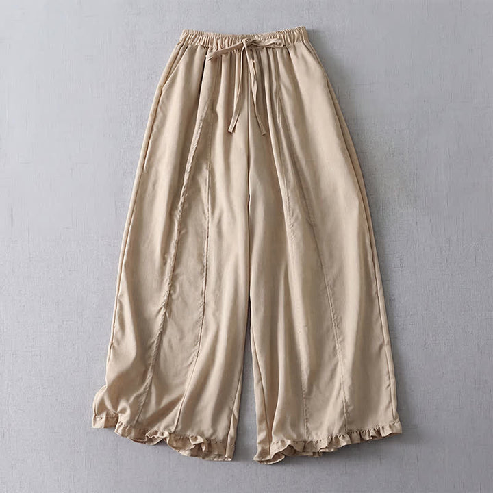 Buddha Stones Pantaloni da donna a gamba larga, minimalisti, con coulisse, a tinta unita, corti, con risvolto a pieghe, ideali per primavera/estate. - Tan - US8-10, UK/AU12-14, EU40-42 (2XL) - image 0
