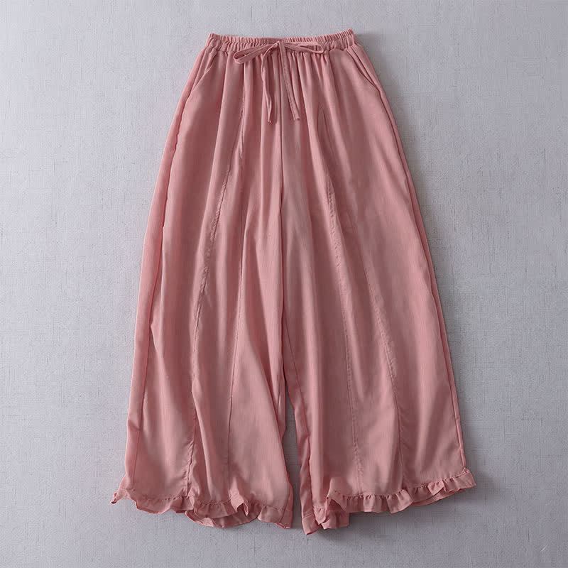 Buddha Stones Pantaloni da donna a gamba larga, minimalisti, con coulisse, a tinta unita, corti, con risvolto a pieghe, ideali per primavera/estate. - Rosso viola pallido - US8-10, UK/AU12-14, EU40-42 (2XL) - image 1