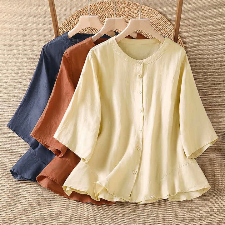 Buddha Stones Camicia da donna estiva casual e minimalista con bottoni e maniche a tre quarti. - image 12