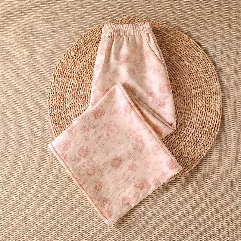 Buddha Stones Pantaloni lunghi da donna a gamba larga, stile boho, rosa, con stampa floreale, per primavera/estate e tempo libero, con tasche. - image 2