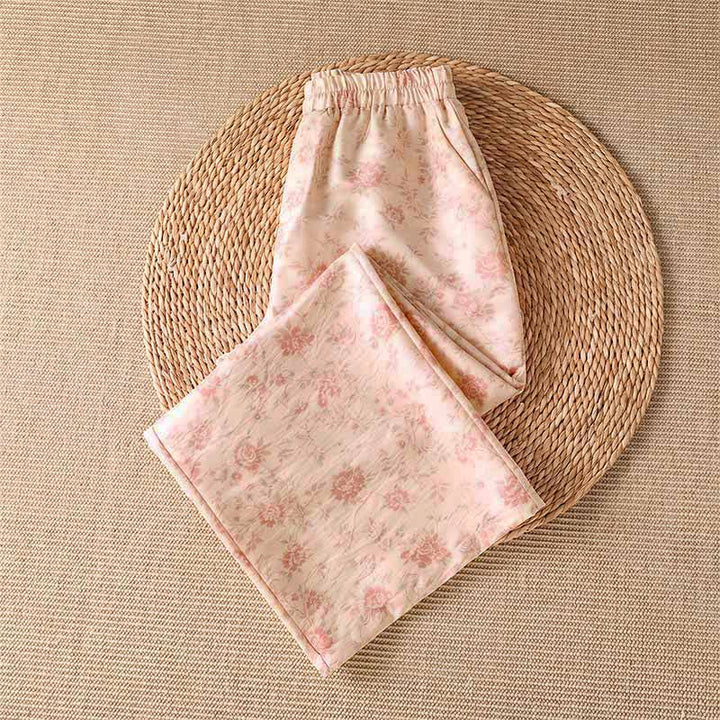 Buddha Stones Pantaloni lunghi da donna a gamba larga, stile boho, rosa, con stampa floreale, per primavera/estate e tempo libero, con tasche. - image 2
