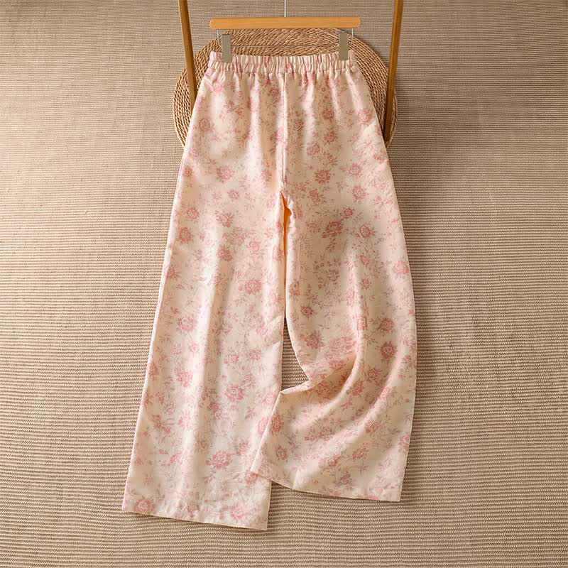 Buddha Stones Pantaloni lunghi da donna a gamba larga, stile boho, rosa, con stampa floreale, per primavera/estate e tempo libero, con tasche. - image 1