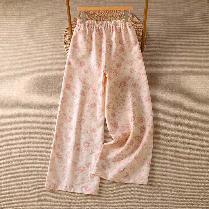 Buddha Stones Pantaloni lunghi da donna a gamba larga, stile boho, rosa, con stampa floreale, per primavera/estate e tempo libero, con tasche. - image 1