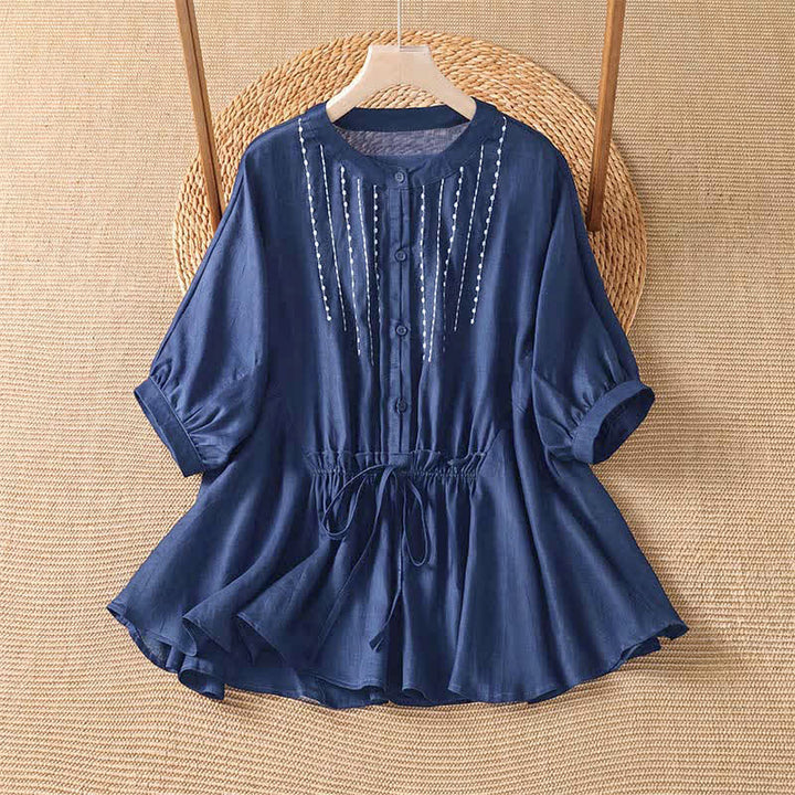 Buddha Stones Camicia da donna estiva casual boho con bottoni, coulisse, orlo svasato e maniche corte. - Blu notte - US8-10, UK/AU12-14, EU40-42 (2XL) - image 0