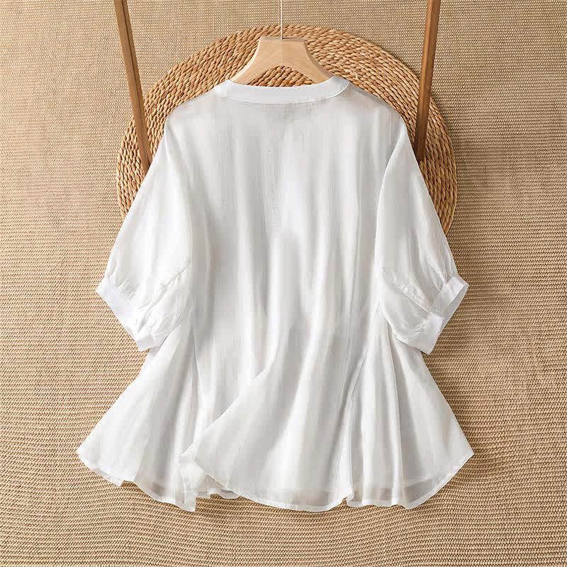 Buddha Stones Camicia da donna estiva casual boho con bottoni, coulisse, orlo svasato e maniche corte. - image 8