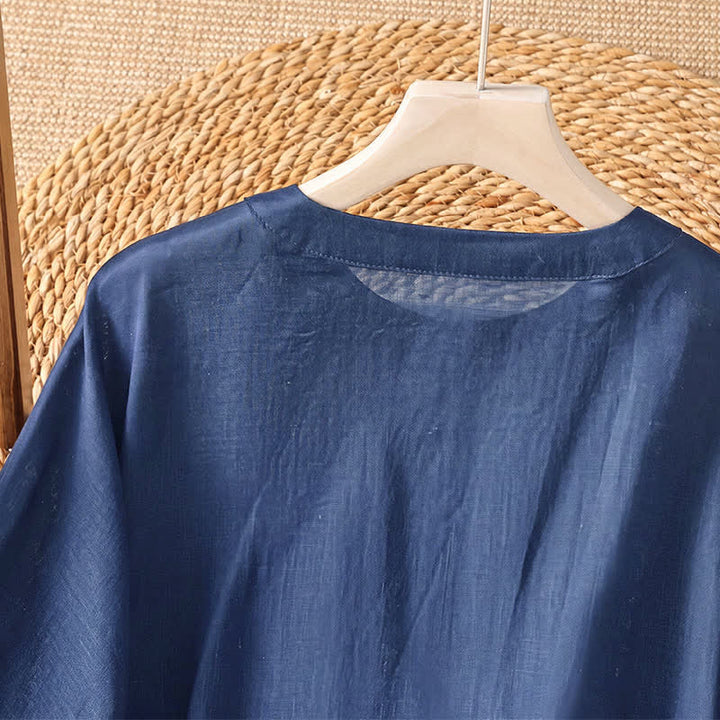 Buddha Stones Camicia da donna estiva casual boho con bottoni, coulisse, orlo svasato e maniche corte. - image 3