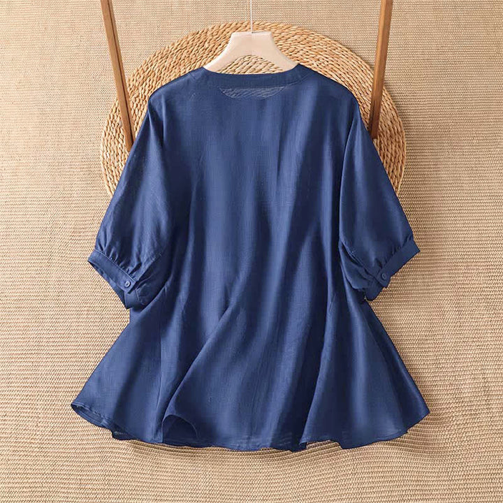 Buddha Stones Camicia da donna estiva casual boho con bottoni, coulisse, orlo svasato e maniche corte. - image 1