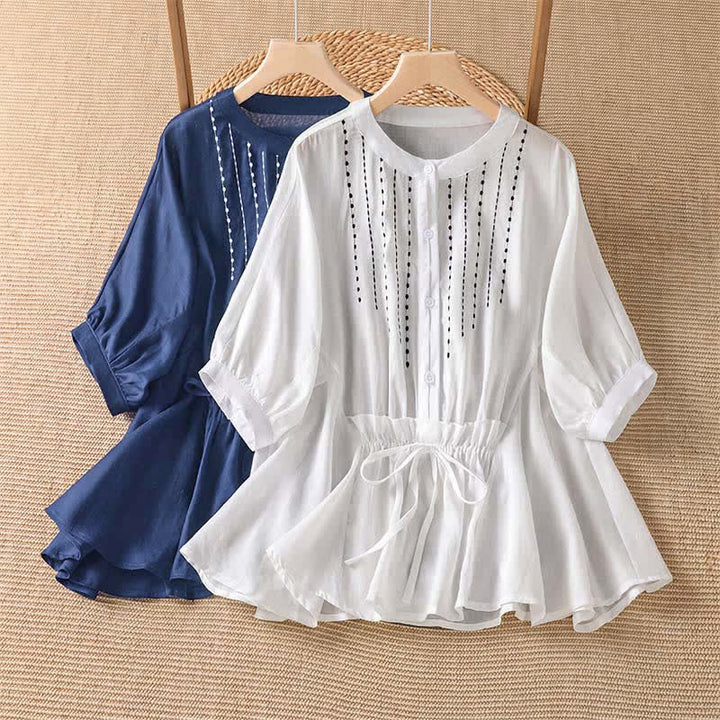 Buddha Stones Camicia da donna estiva casual boho con bottoni, coulisse, orlo svasato e maniche corte. - image 12