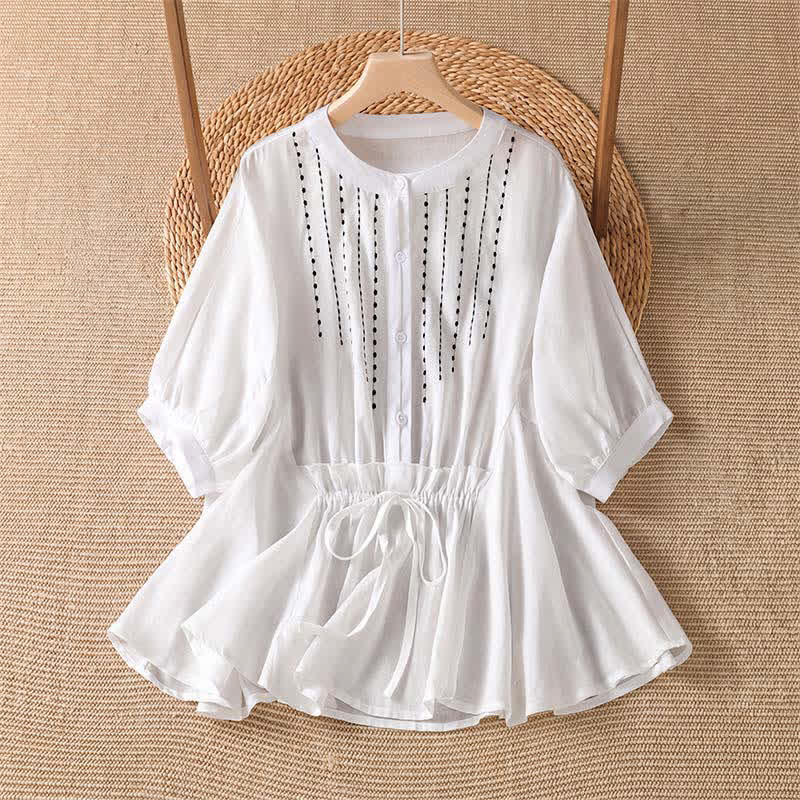 Buddha Stones Camicia da donna estiva casual boho con bottoni, coulisse, orlo svasato e maniche corte. - Bianco - US8-10, UK/AU12-14, EU40-42 (2XL) - image 7